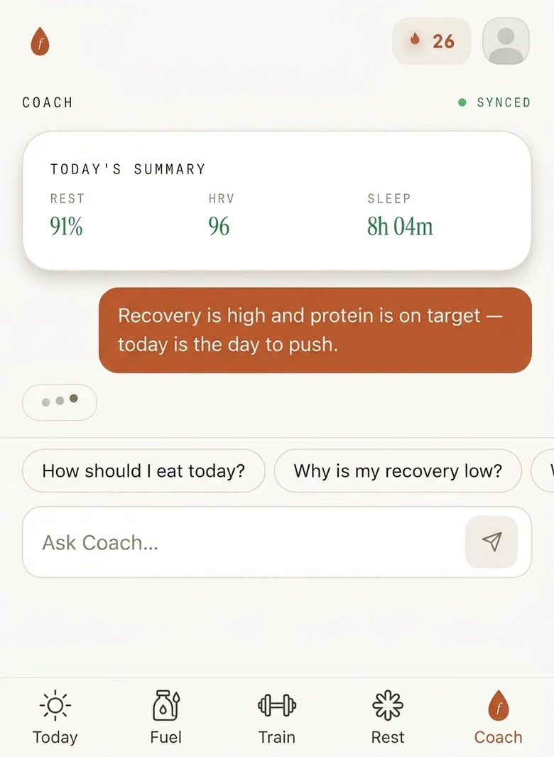 The Coach screen showing today’s summary and a reply advising a harder training day