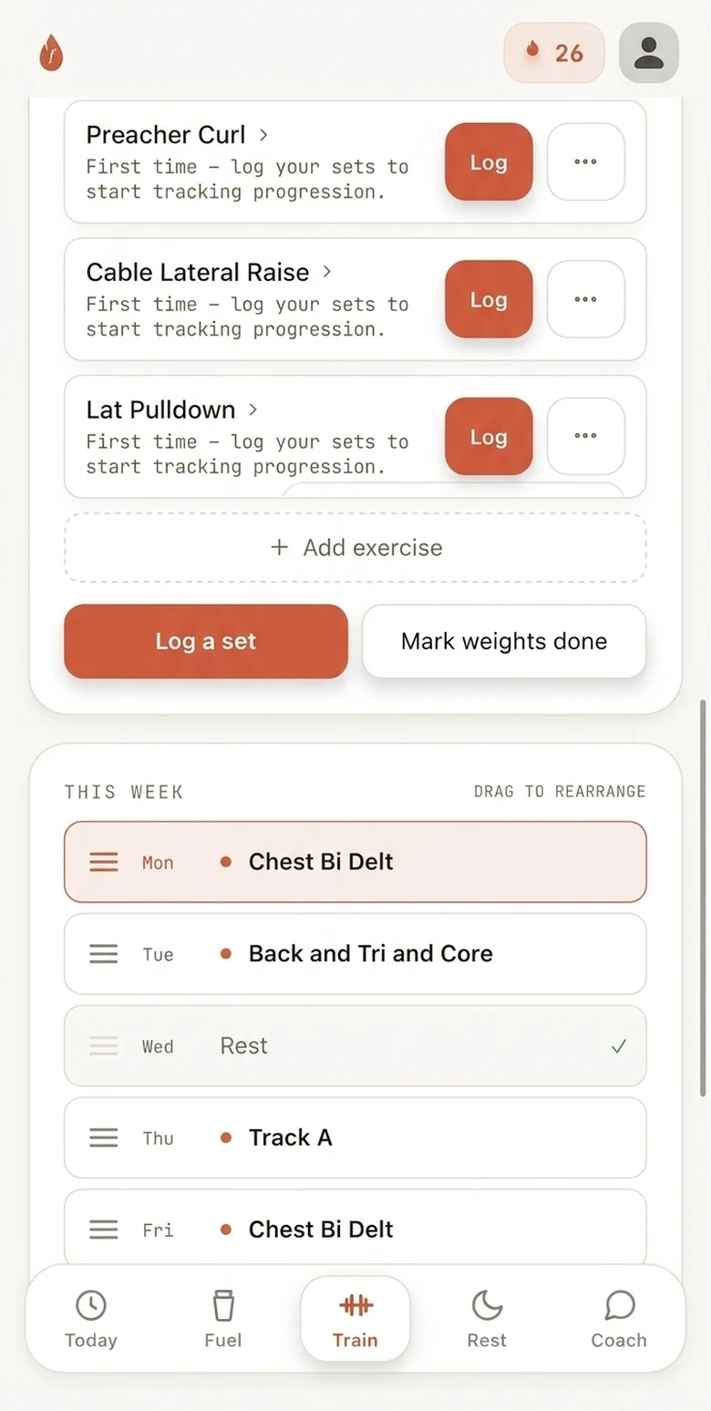 The Train screen showing today's exercises and the weekly plan